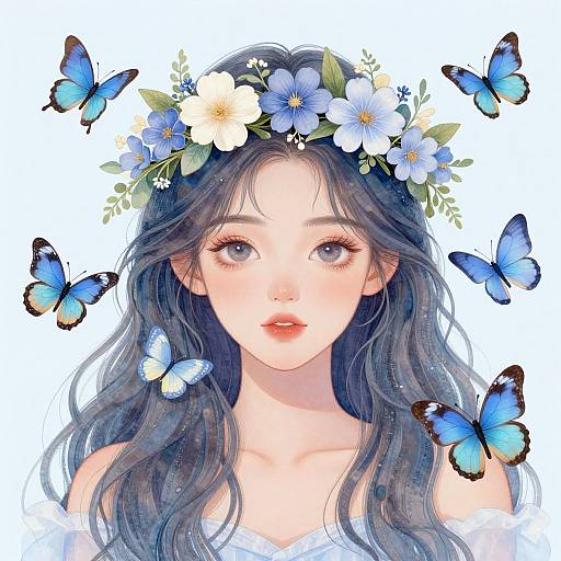 Digital illustration of a fair-skinned, blue-eyed woman with long wavy blue hair, wearing a flower crown, surrounded by blue butterflies. She has