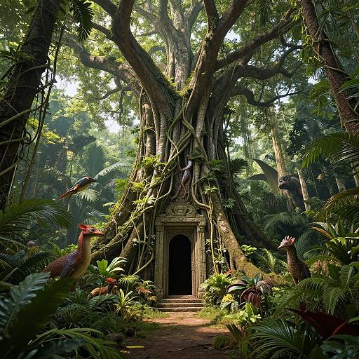 Photograph of a hidden, ancient temple entrance nestled in a dense, lush jungle, surrounded by large trees, vines, and exotic birds.