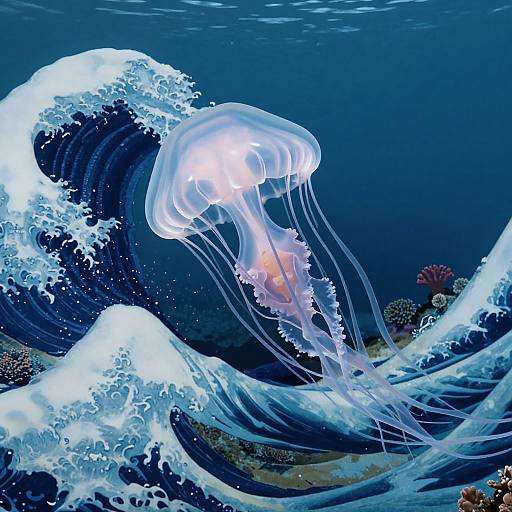 Photorealistic digital art of a glowing jellyfish with translucent, flowing tentacles amidst crashing blue ocean waves and colorful coral reef.