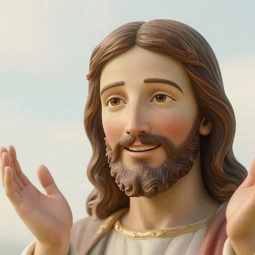 Photorealistic CGI of Jesus Christ with long brown hair, beard, and brown eyes, smiling, hands raised, wearing a white robe with gold trim
