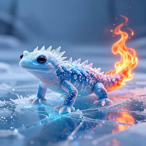Digital artwork of a blue, spiky, fire-breathing baby dragon on a reflective icy surface, with glowing blue and orange hues.