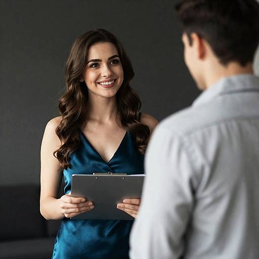 Smiling Woman in Teal Satin Dress