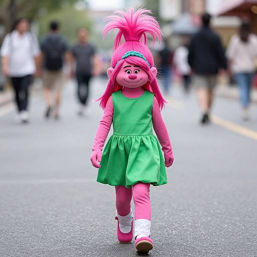 Photograph of a pink-furred, child-sized, anthropomorphic character in a green dress, white socks, and pink shoes, walking on a busy