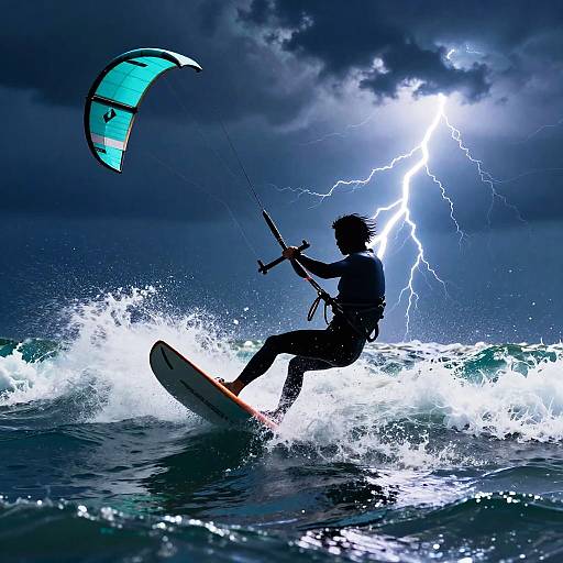 Silhouetted kitesurfer in stormy night, lightning illuminating dark sky, turquoise kite, and white-capped waves crashing below,