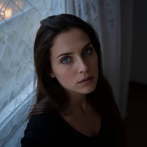 Photograph of a young woman with striking blue eyes, fair skin, and long dark brown hair, standing against a lace curtain in dim blue light,