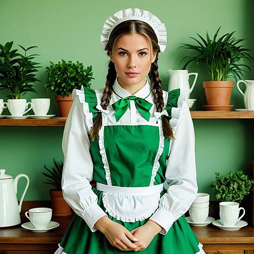 Young Woman in Green Maid Outfit