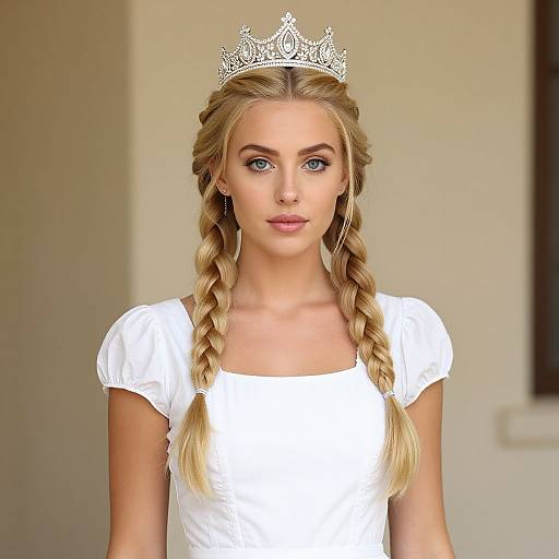 Photograph of a blonde woman with blue eyes, wearing a silver tiara, white short-sleeved dress, and braided hair, standing against