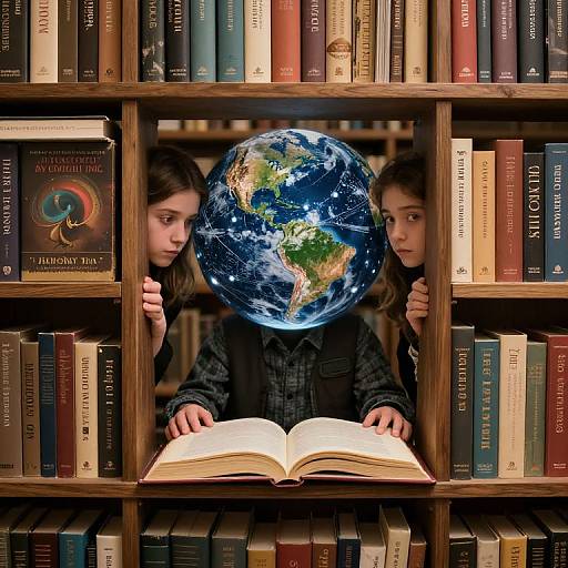 Photograph of two children with serious expressions, holding an Earth between wooden bookshelves filled with books, with an open book in front.
