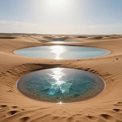 Photograph of two circular, reflective water pools in a sunlit, sandy desert landscape, with the bright sun overhead.