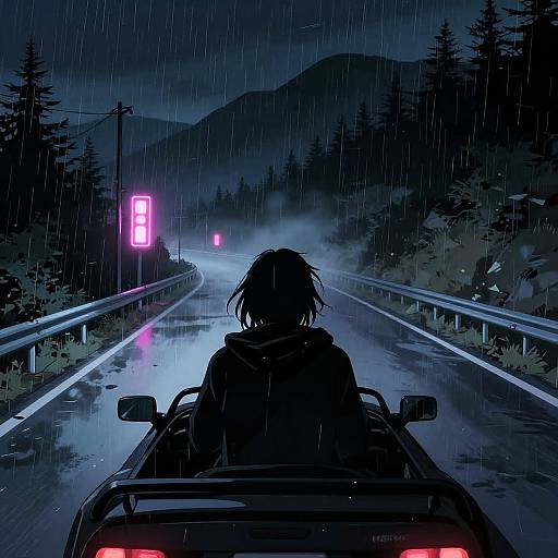 Digital anime-style artwork of a person with messy hair driving a car at night on a wet, rain-slicked road, illuminated by neon signs and