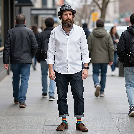 Photograph of a bearded man with a black hat, white shirt, black pants, and colorful socks, standing on a city sidewalk with blurred pedestrians