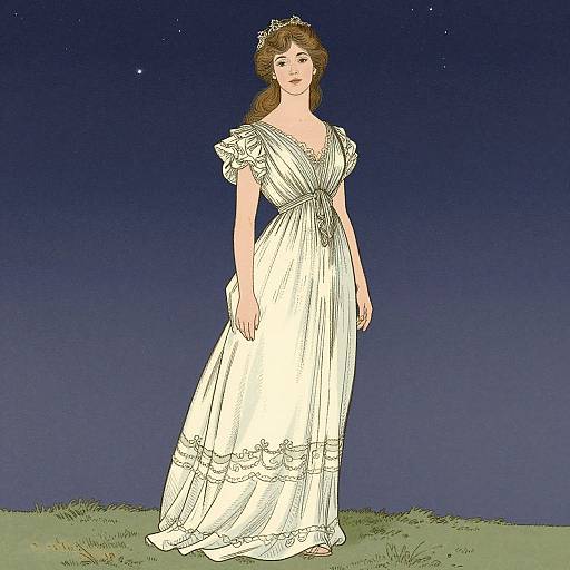 Digital illustration of a fair-skinned woman with brown hair in an ornate white, Grecian-style dress, standing under a starry night sky