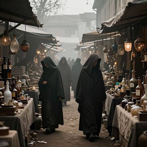 Photograph of a foggy outdoor market with three robed figures in black hoods, surrounded by hanging lights and tables of vintage bottles and jars.