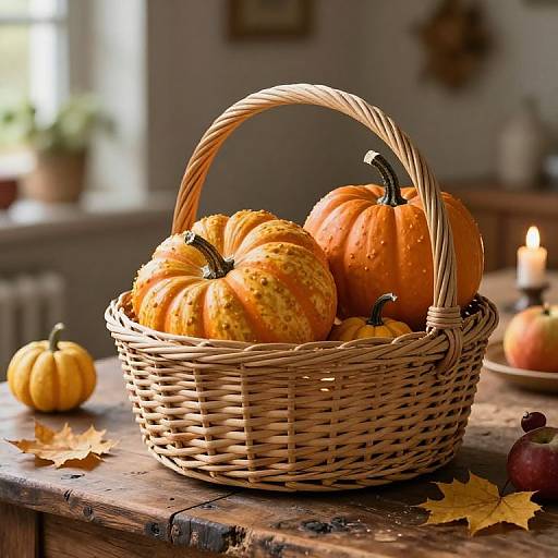 Photograph of a wicker basket filled with orange and yellow pumpkins on a rustic wooden table, surrounded by autumn leaves and candles.