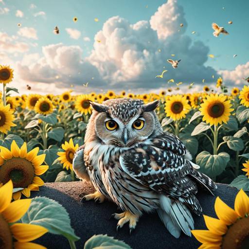 Curious Owl Chick Among Sunflowers Curious Owl Chick Among Sunflowers