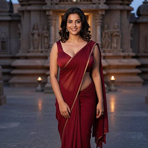 Photograph of a smiling Indian woman with medium brown skin, dark wavy hair, wearing a deep red saree with gold trim, standing in front
