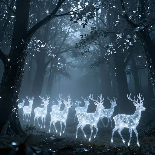 Digital artwork of glowing white, ethereal deer with intricate antlers standing in a dark, misty forest, surrounded by sparkling lights.