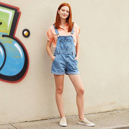 Photograph of a smiling red-haired woman in blue denim overalls, orange shirt, and white sneakers, standing against a graffiti-covered wall.