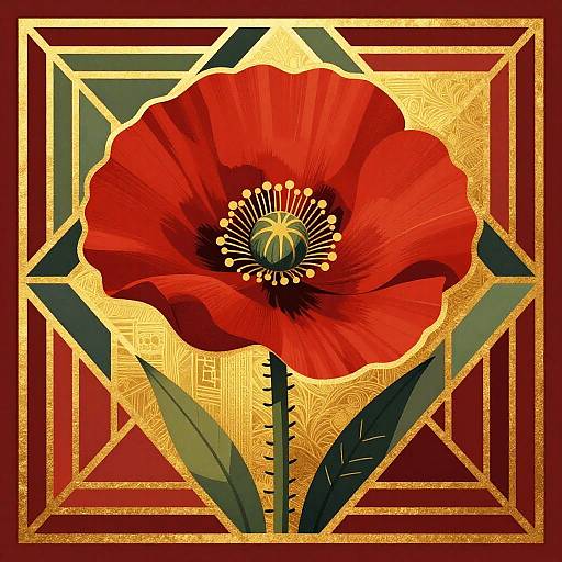 Digital art of a vibrant red poppy flower with green leaves, centered in a golden, geometric, red-bordered frame.