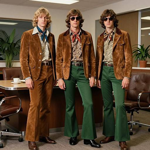 1970s Suede Fashion Trio in Retro Office