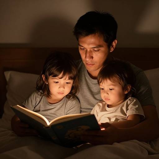 Photograph of a father with short black hair, sitting in dim light on a bed, reading a book with two children. Both children have dark hair