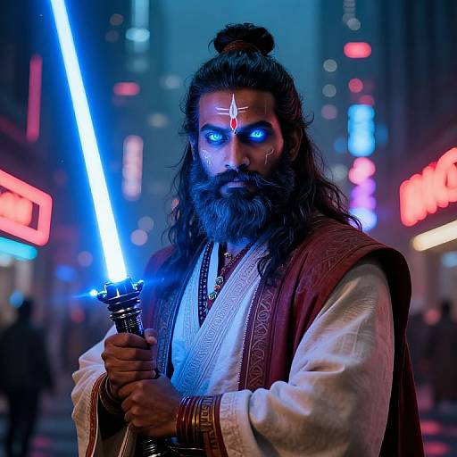 Photorealistic digital artwork of a bearded, blue-eyed, dark-haired man with a topknot, holding a glowing blue lightsaber in a