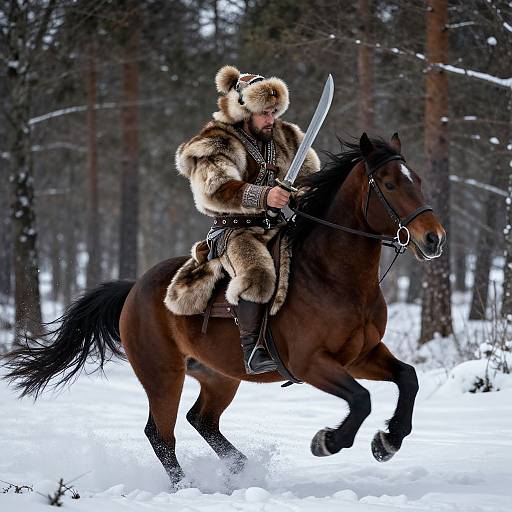 Kozak Horseman Charging Winter Forest