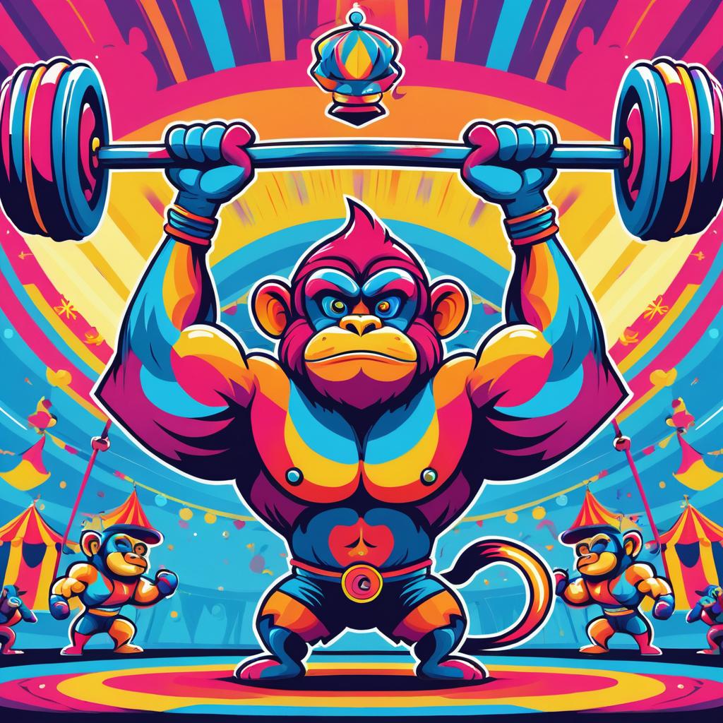 Cartoon Muscular Monkey Lifting Weights