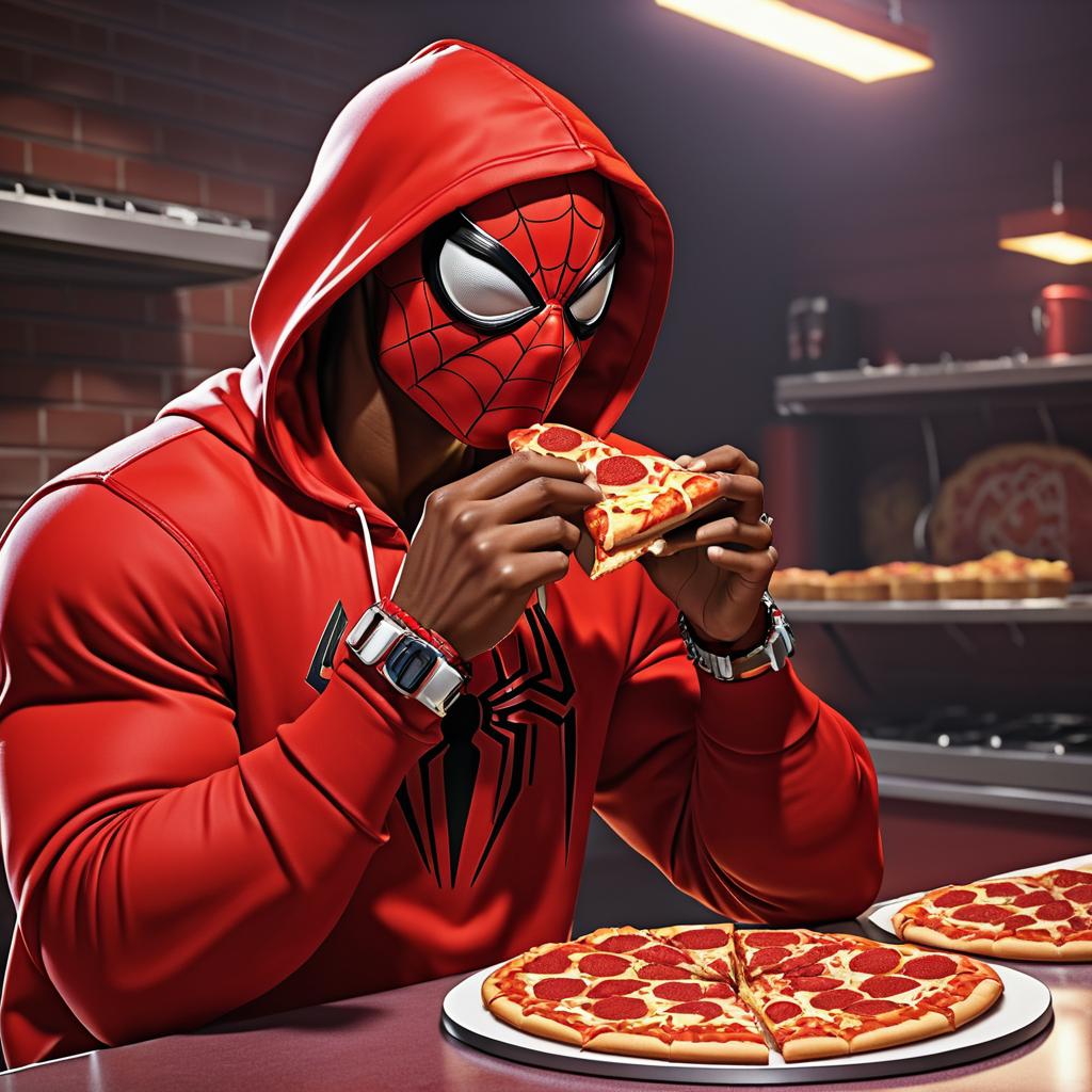 Hip-Hop Spider-Man Enjoying Pizza Slice