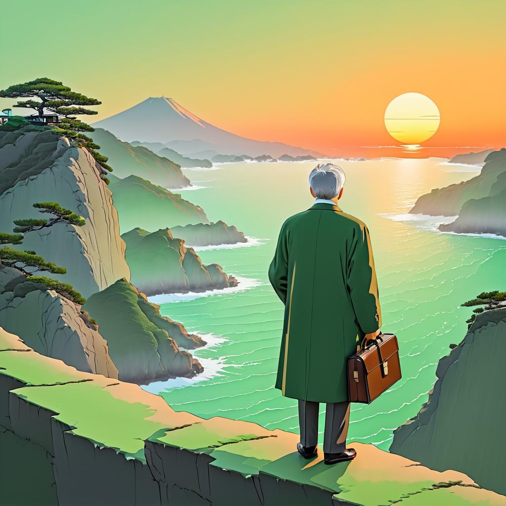 Elderly Man on Cliff at Sunset