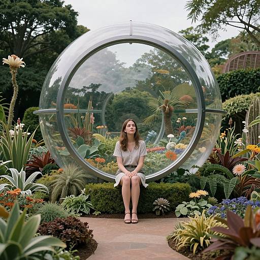 Photograph of a young woman with long brown hair, wearing a white dress, sitting inside a large transparent bubble in a vibrant, colorful garden filled with