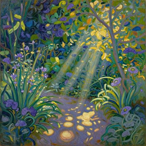 Vibrant, impressionistic digital painting of a sunlit garden path, filled with colorful flowers, dappled sunlight, and swirling, expressive brush