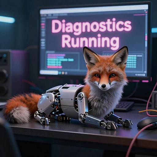 Photograph of a realistic, robotic fox with orange fur and mechanical legs on a computer desk, in front of a screen displaying 
