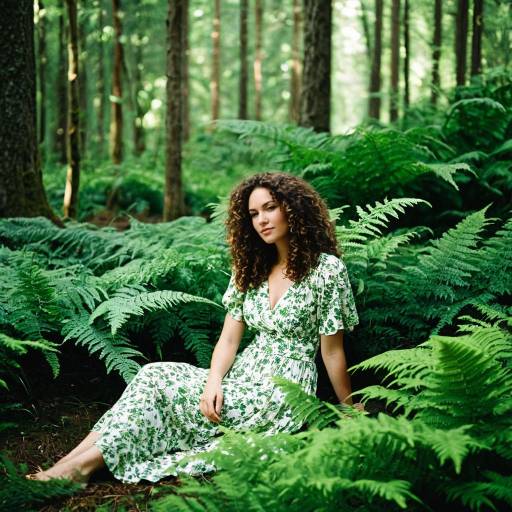 Woman in Floral Dress Sitting Among Ferns