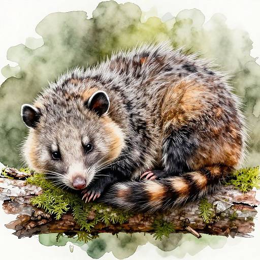 Digital artwork of a ferret-like creature with dense, fluffy brown and black fur, resting on a moss-covered branch, against a blurred green and white