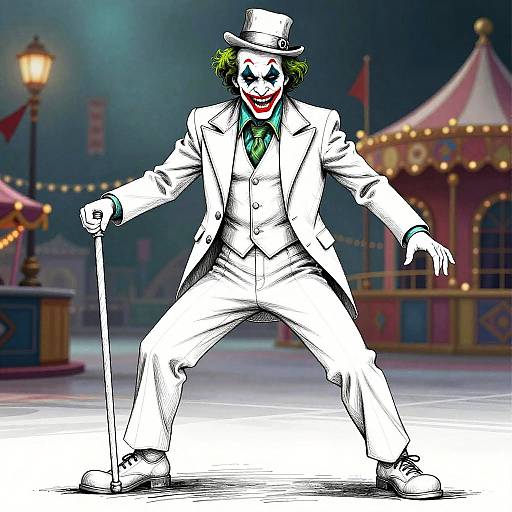 Digital drawing of a clown in a white suit, top hat, and green tie, with green hair, red lips, and white face paint, standing