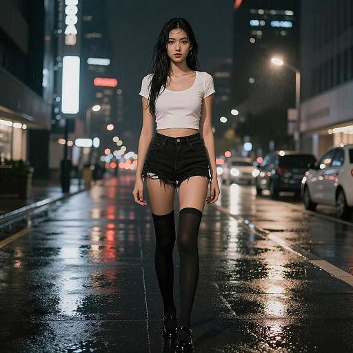 Rainy Night Cityscape Young Woman Portrait