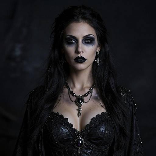 Gothic-style photograph of a pale woman with long black hair, dark eye makeup, black lipstick, lace corset, and gothic jewelry against