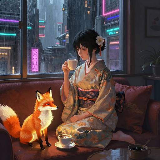 Digital painting of a Japanese woman in a floral kimono, sipping tea, with a glowing fox by her side, neon cityscape through rainy window