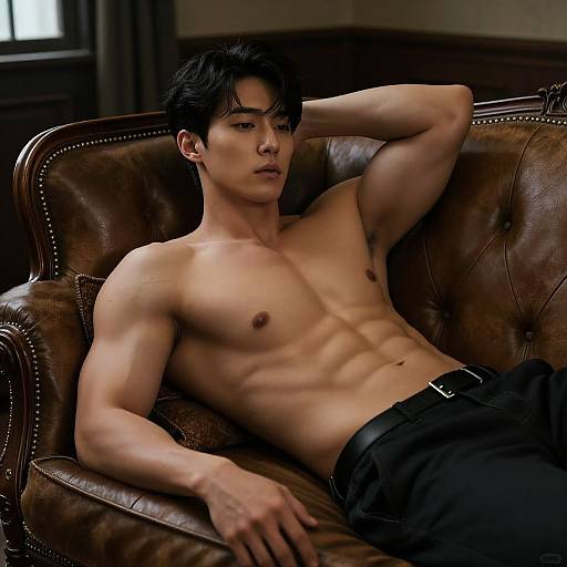 Photograph of a muscular, shirtless Asian man with black hair, reclining on a brown leather tufted couch, wearing black pants, in