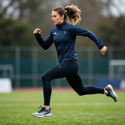 Photograph of a determined woman with brown hair in a ponytail, wearing a navy athletic jacket and black leggings, running on a grassy field.
