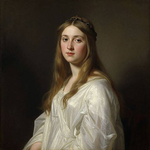 Photorealistic portrait of a young, fair-skinned woman with long brown hair, wearing a white, translucent gown and a black headband, set