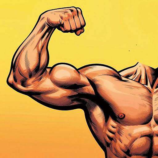 Digital comic-style illustration of a muscular, tan-skinned man flexing his right bicep against a bright yellow gradient background.
