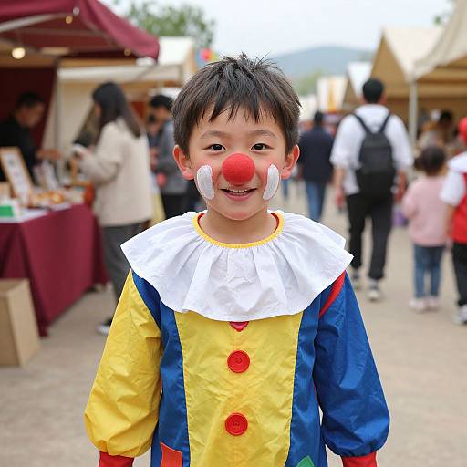 Photograph of a young Asian boy in a colorful clown costume with a red nose, white ruffled collar, and yellow, blue, and red sleeves