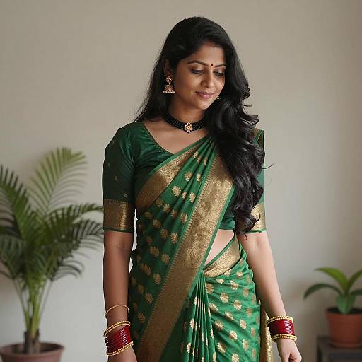 Indian Woman in Green and Gold Saree