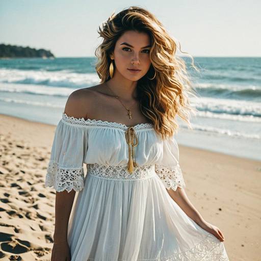Woman in White Lace Beach Dress