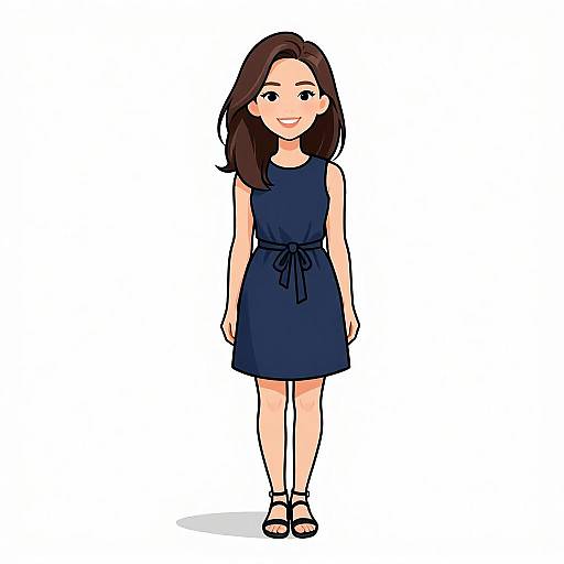 Digital illustration of a smiling young woman with straight brown hair, wearing a sleeveless navy dress and black sandals, standing against a plain white background.