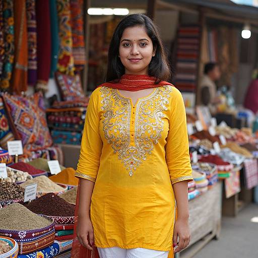 Photograph of an Indian woman with medium skin tone, black hair, wearing a yellow embroidered kurta, red scarf, standing in a colorful spice market