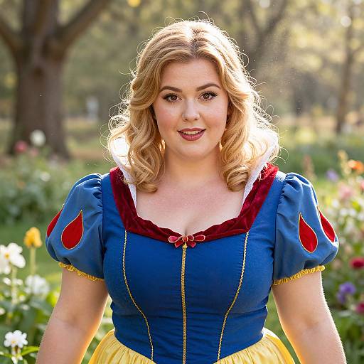 Photograph of a fair-skinned woman with blonde, wavy hair, wearing a blue and yellow Snow White costume, standing in a sunlit garden