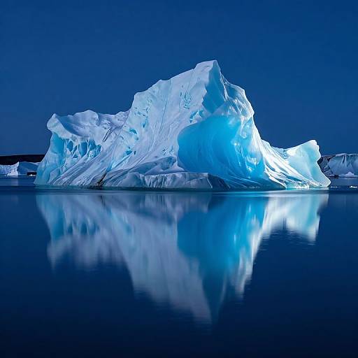 Photograph of a glowing, illuminated iceberg floating in a calm, dark blue ocean at night, with a clear reflection in the water.